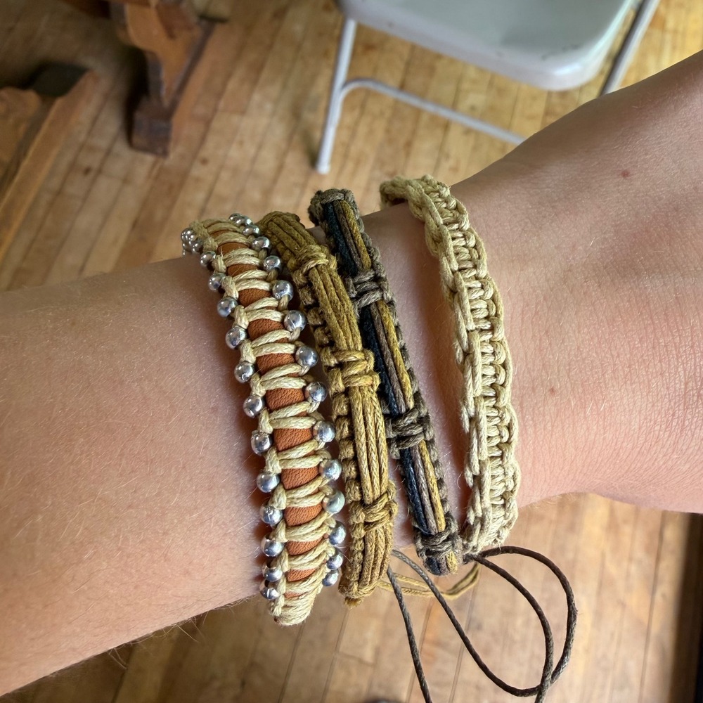 4PC Vintage Bohemian Macrame Bracelet Set Earthy Hemp Leather Surfer Beach Stack